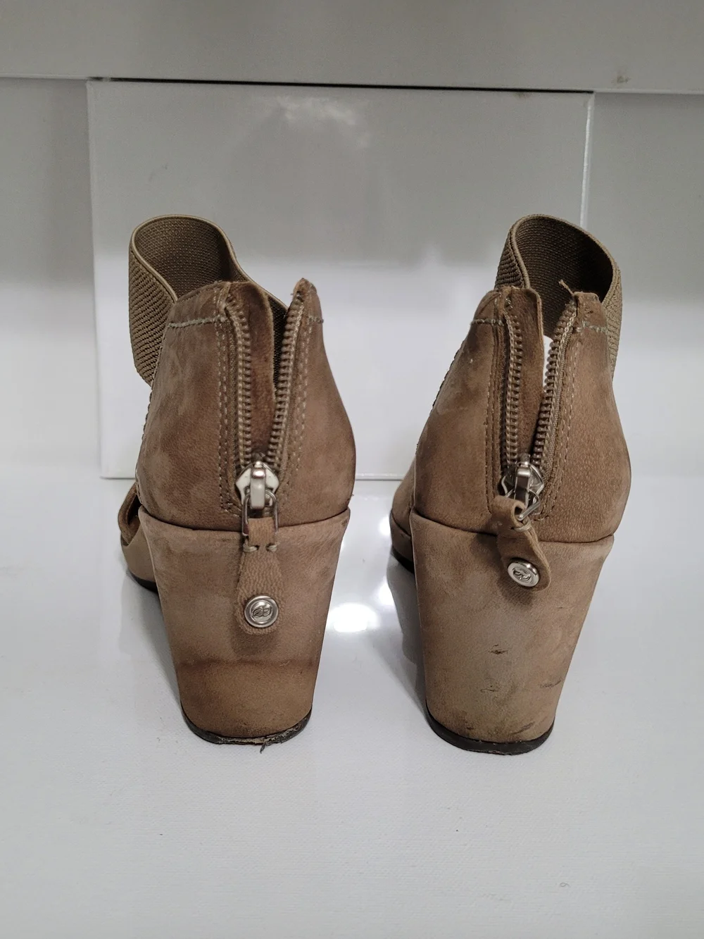 Nurture Taupe Faux Suede Wedge with Wide Elastic Ankle Strap
